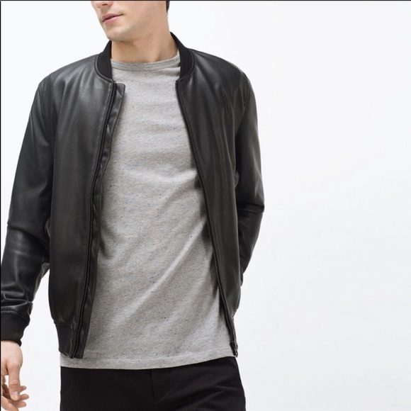 Zara Other - Zara Men Faux Leather Trim Black Bomber Jacket XL